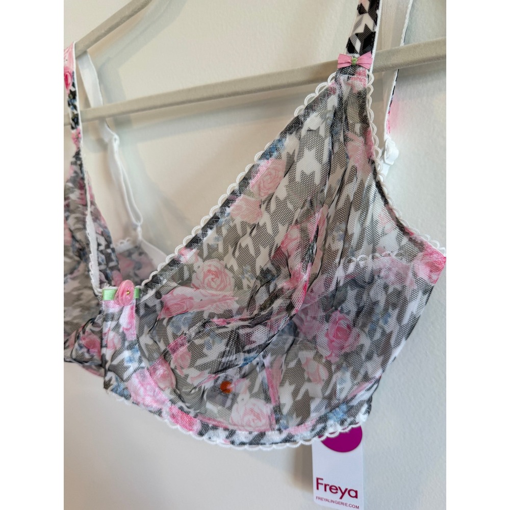 NWT Freya Rose Blossom Plunge Balcony Bra Floral Houndstooth Mesh 32K - Picture 2 of 5